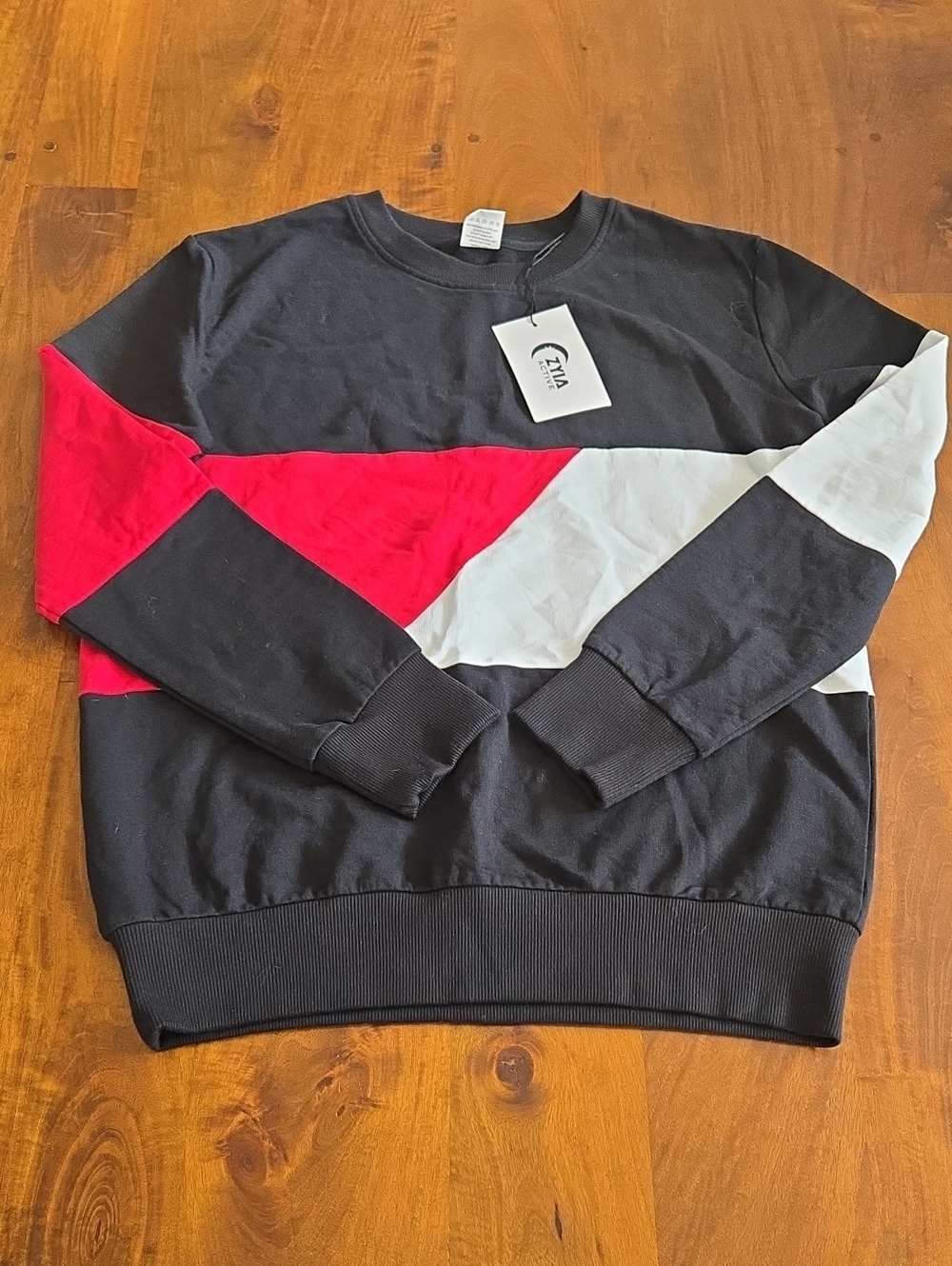 NWT Zyia Active Black White & Red Colorblock Crewneck Sweatshirt Size Small